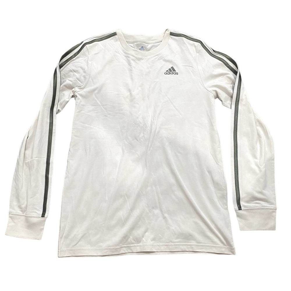 Adidas Boys Long Sleeve 3-Striped T-Shirt in Cream/Green, Size L​​​​​​​